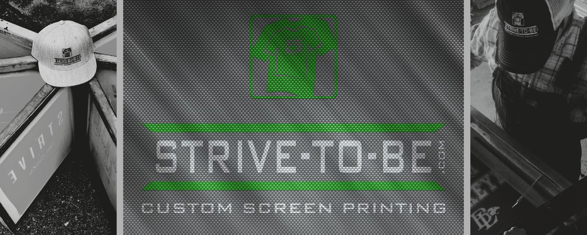 Strive-To-Be custom screen printing banner with decorated hats and screen-printing production